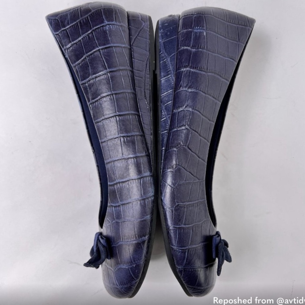 Vionic Lydia Blue Leather Croc Slip On Demi Wedge Shoes 8 / 39 - bows removed